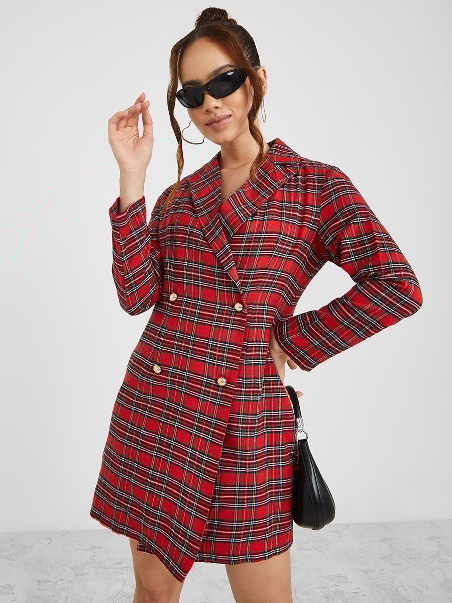 Notch Lapel Tartan Checked Blazer Mini Winter Dress For Women at