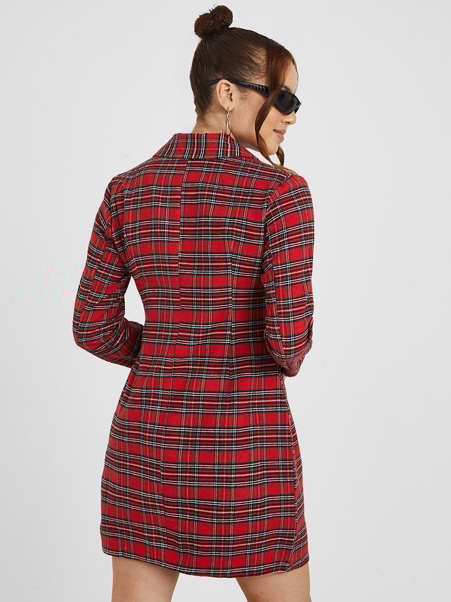 Notch Lapel Tartan Checked Blazer Mini Winter Dress For Women at