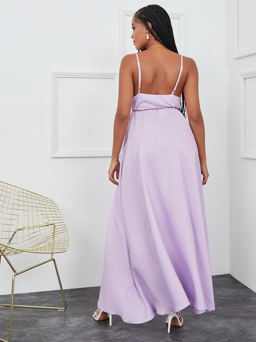 Strappy V Neck A-Line Maxi Dress with Tie String Belt For Women at