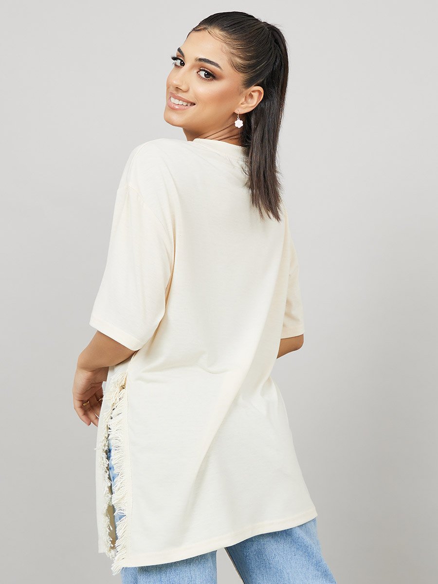Oversized Side Slit Longline T-Shirt with Frayed Edge For Women at