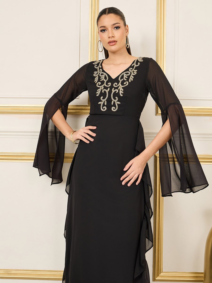Slit Bell Sleeve Beaded Maxi Dress For Women at Saudi | Styli