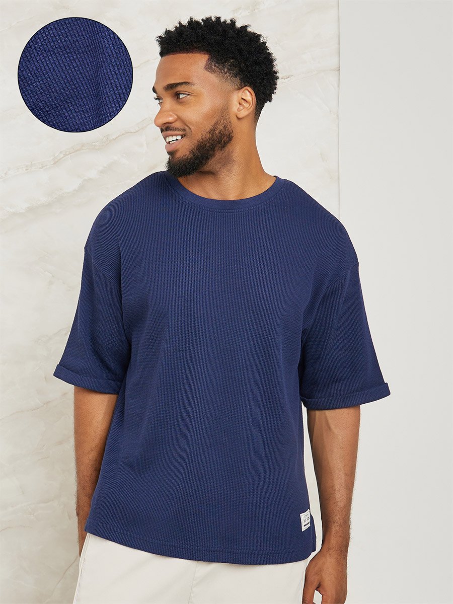 Waffle Knit Oversized T-Shirt with Turn-Up Sleeve For Men at Saudi