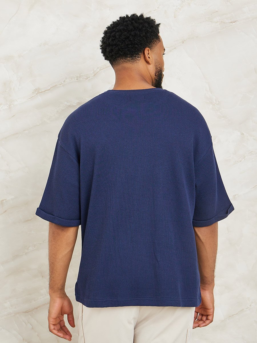 Waffle Knit Oversized T-Shirt with Turn-Up Sleeve For Men at Saudi