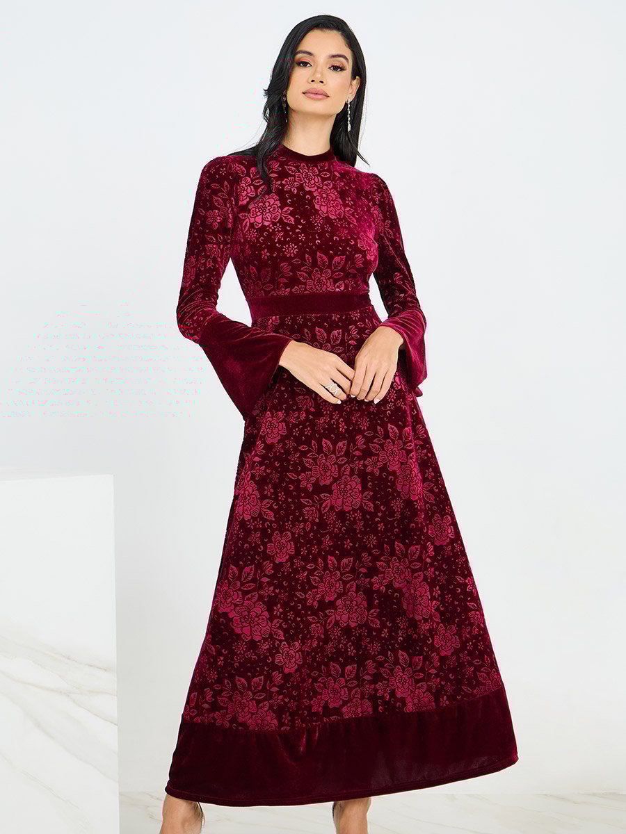 Jacquard Velvet Maxi Dress with Bell Sleeve For Women at Saudi | Styli