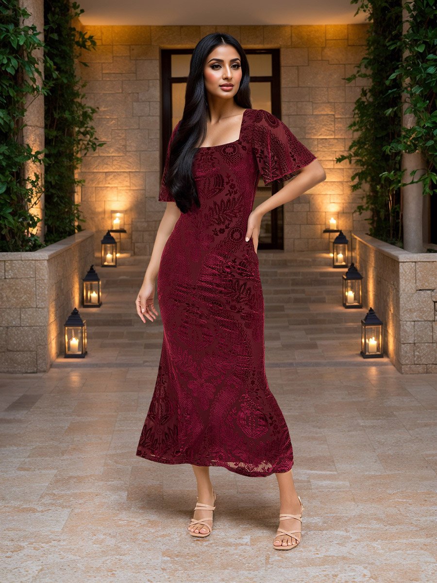 Jacquard Velvet Mermaid Hem Midi Dress For Women at Saudi | Styli