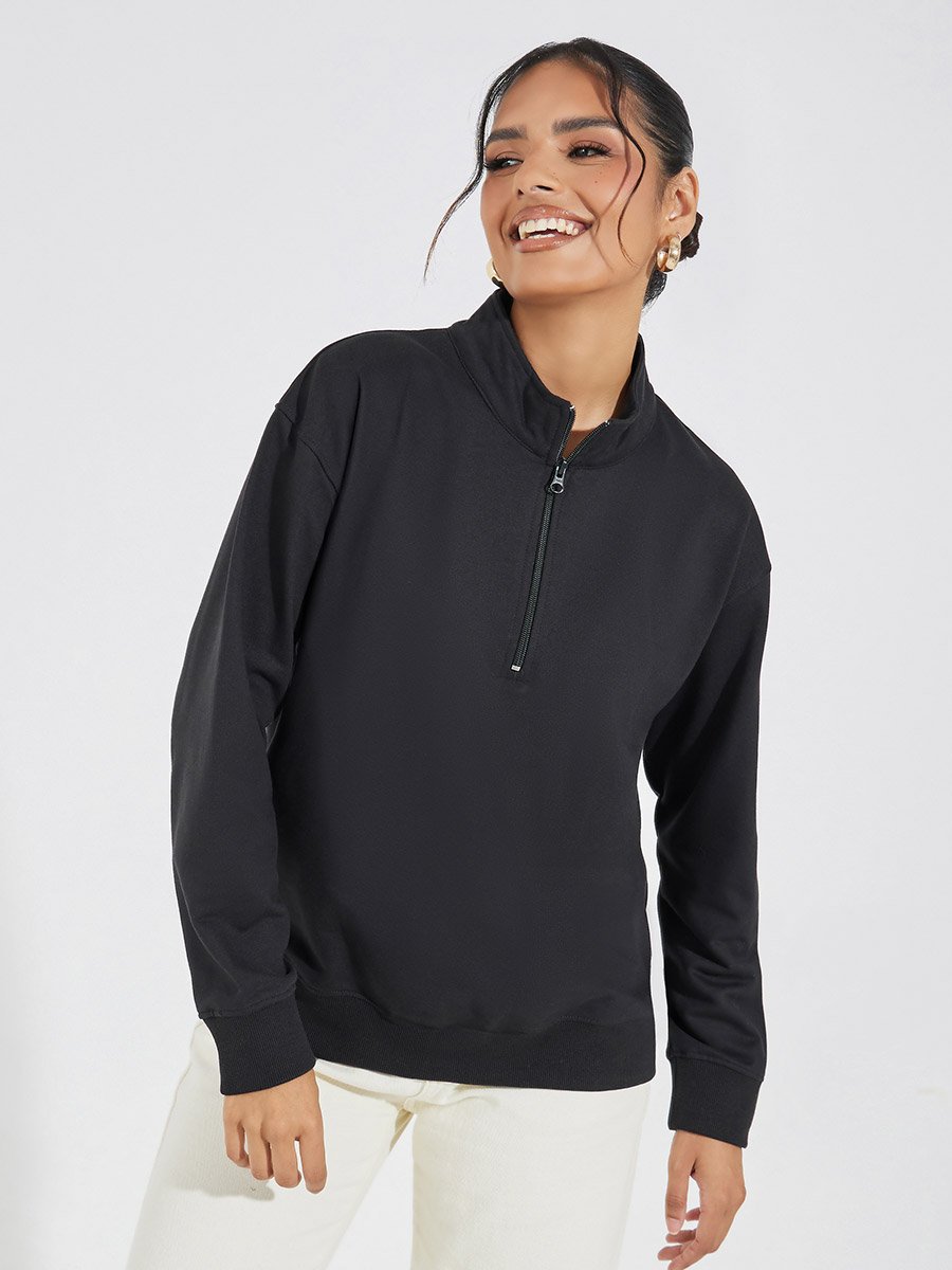 Solid Regular Fit Half Zip Sweatshirt For Women at Saudi | Styli