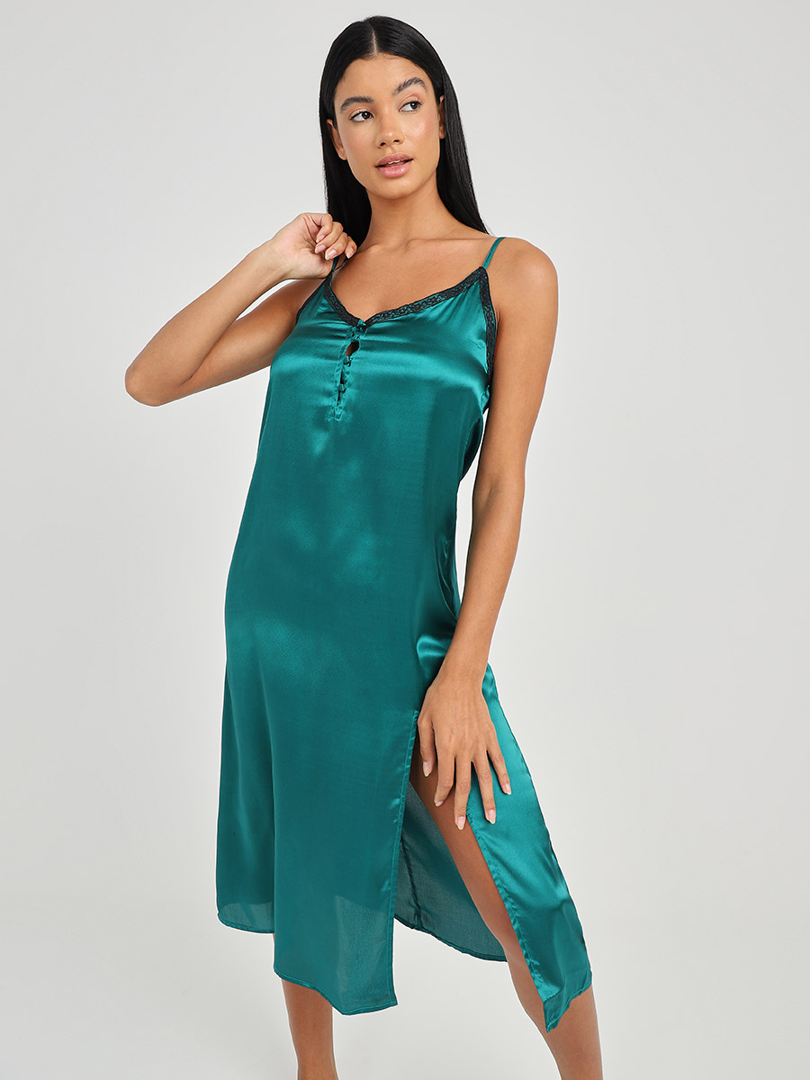 Lace Trim Button Detail Satin Cami Dress with Side Split For Women