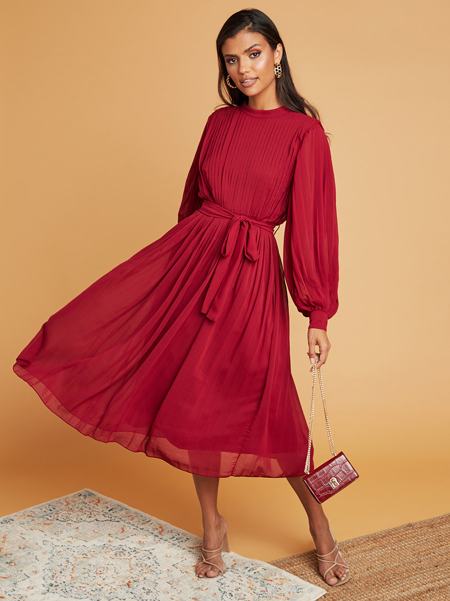 Pleated A-Line Maxi Dress with Balloon Sleeves For Women at Saudi