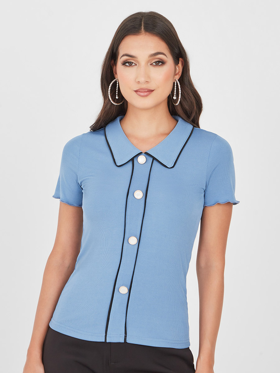 Fine Ribbed with Pearl Buttons Polo T-Shirt For Women at UAE | Styli