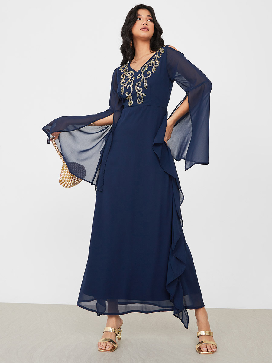 Slit Bell Sleeve Beaded Maxi Dress For Women at Saudi | Styli