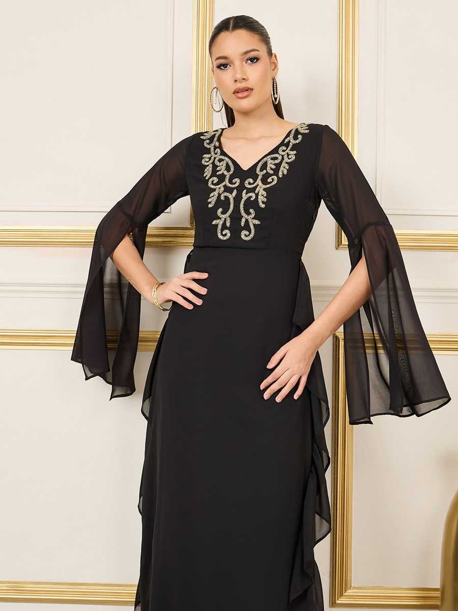 Slit Bell Sleeve Beaded Maxi Dress For Women at UAE | Styli