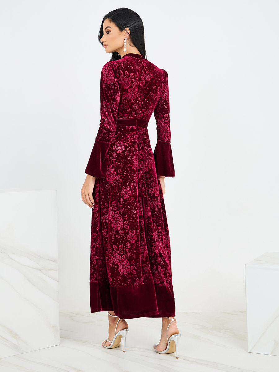 Jacquard Velvet Maxi Dress with Bell Sleeve For Women at Saudi | Styli