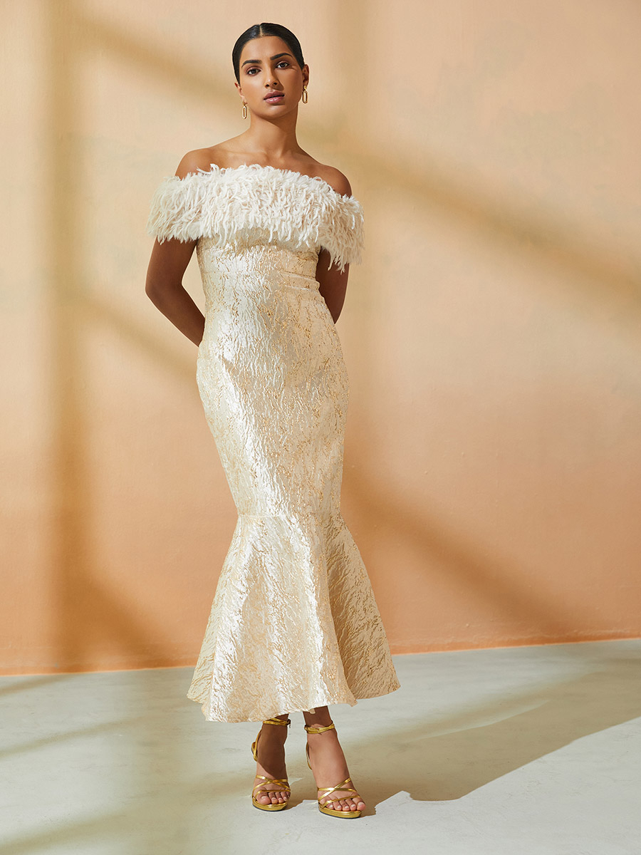 Jacquard Faux Fur Detail Mermaid Maxi Dress For Women at UAE | Styli