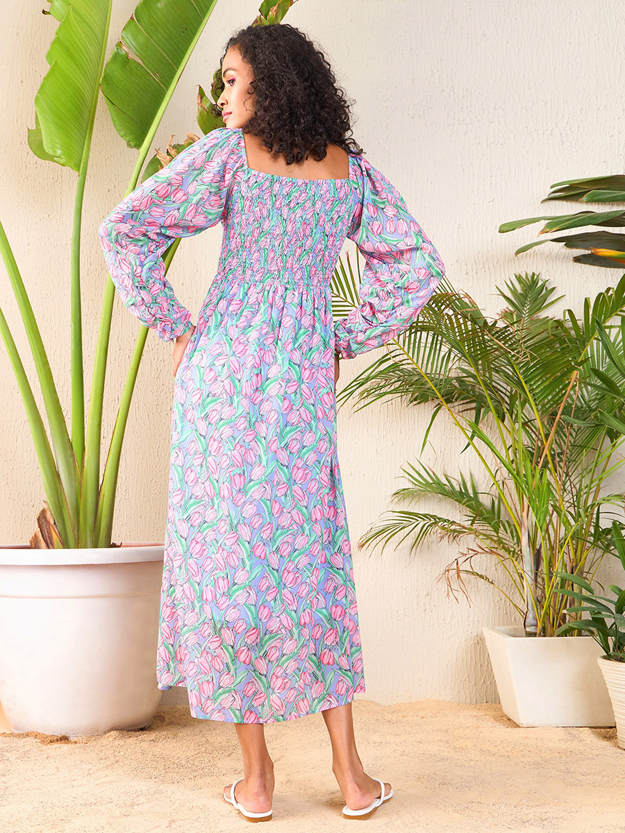 Tulip Print Sweetheart Neck Midi Dress For Women at Saudi | Styli