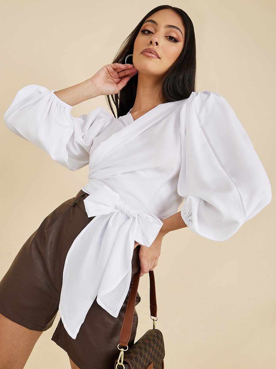 Balloon Sleeves Wrap Around Crop Top For Women at UAE | Styli