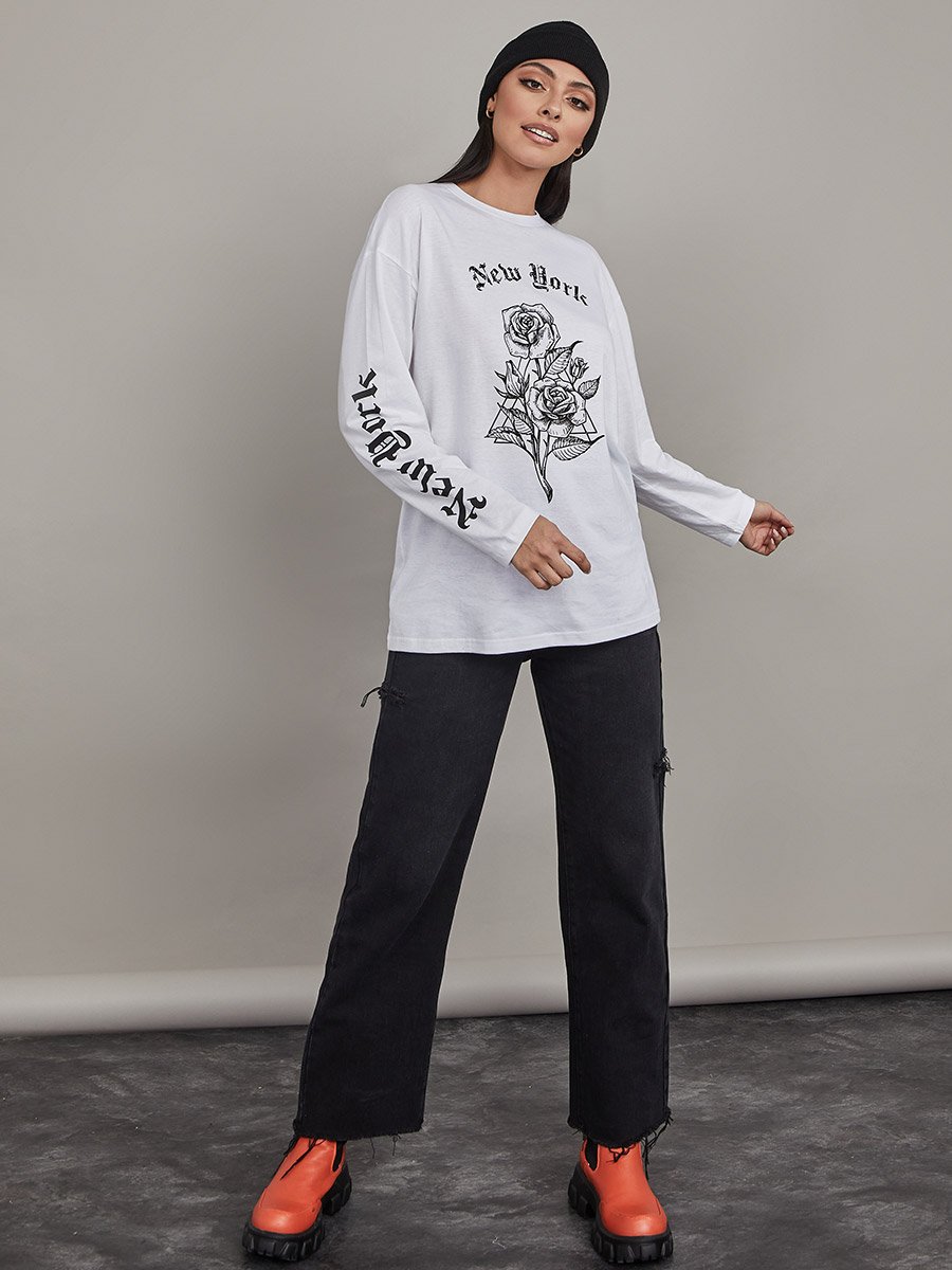 Long Sleeves New York Flower Graphic Oversized Longline T-shirt