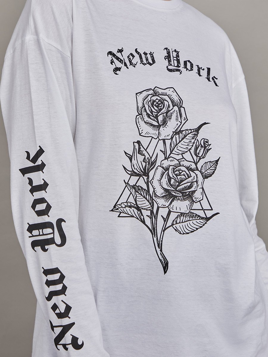 Long Sleeves New York Flower Graphic Oversized Longline T-shirt
