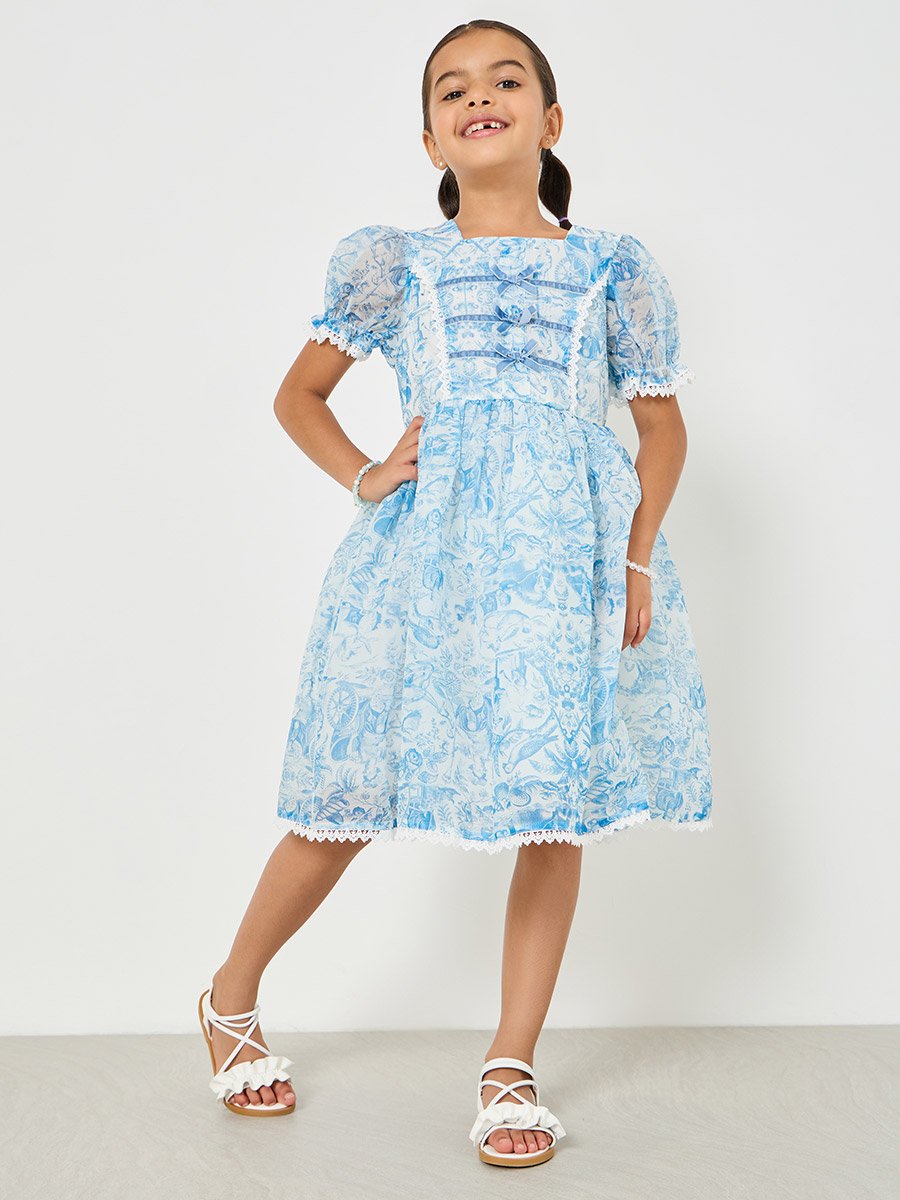 Puff Sleeve Lace Hem Organza Dress For Kids at Kuwait | Styli