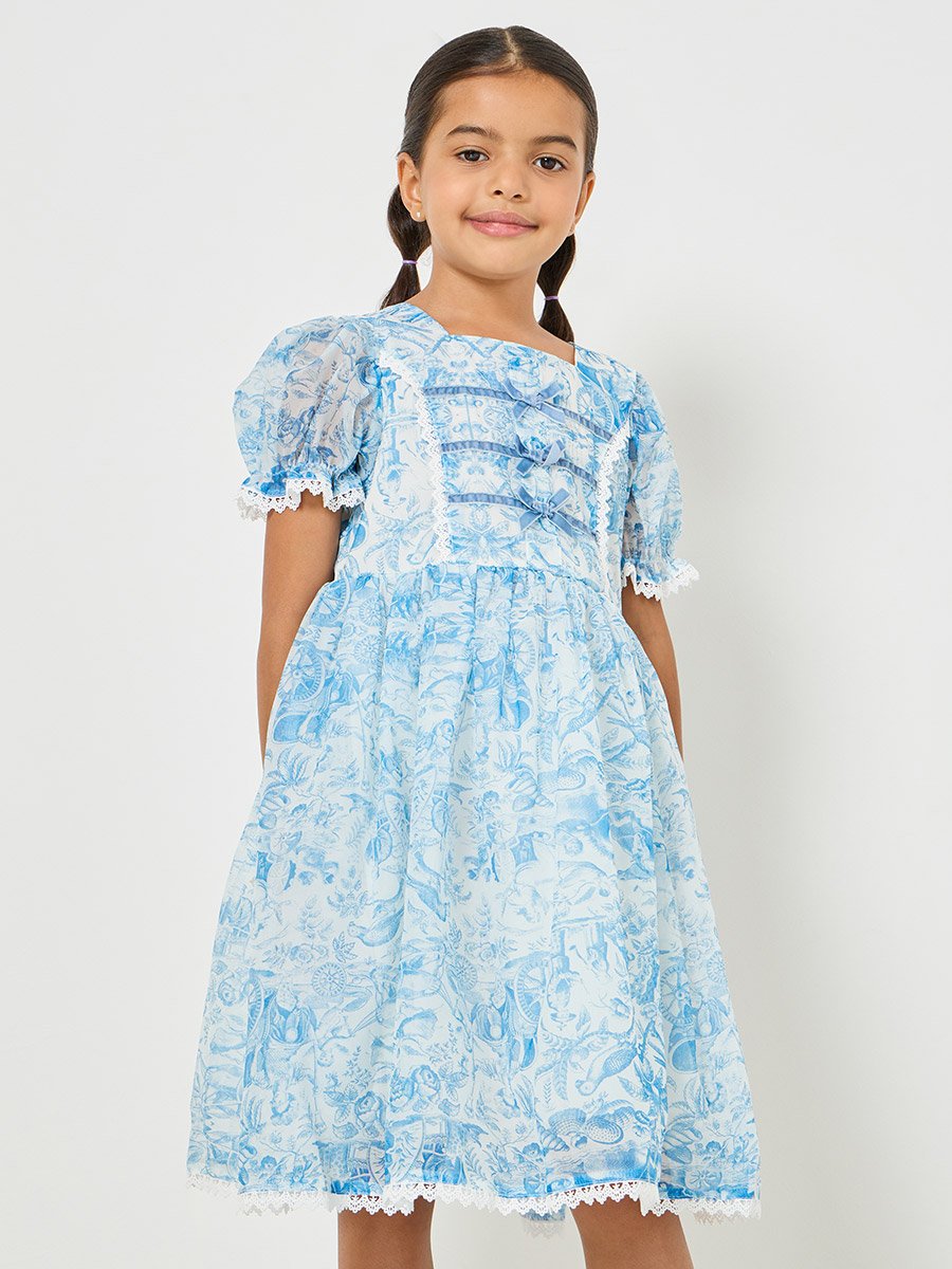 Puff Sleeve Lace Hem Organza Dress For Kids at Kuwait | Styli Puff Sleeve Lace Hem Organza Dress For Kids at Kuwait | Styli