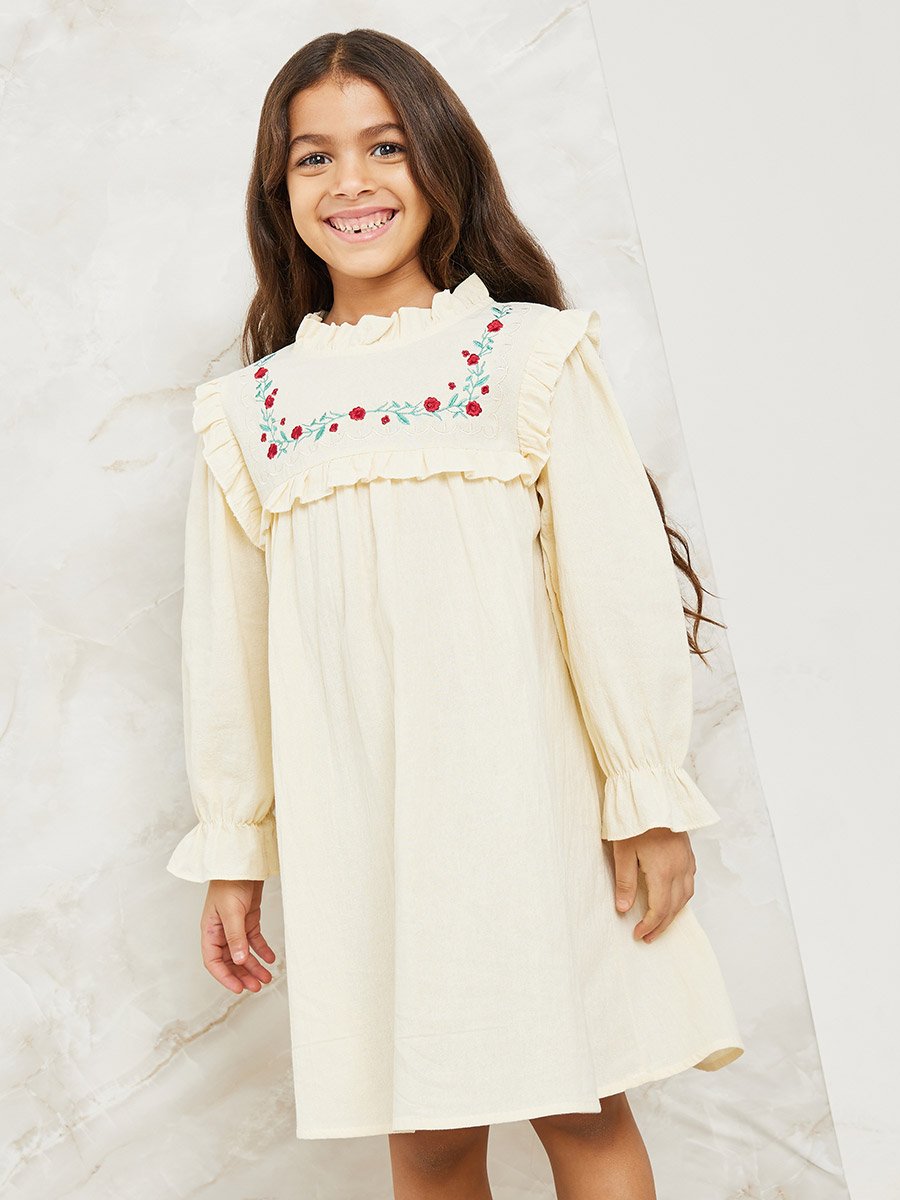 Embroidery Panel Ruffled Smock Dress For Kids at UAE