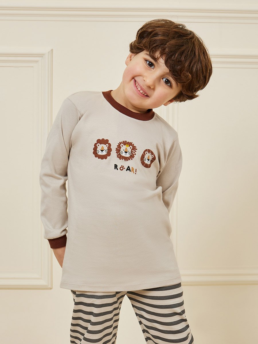 Cartoon Printed T-Shirt and Striped Pyjama Set