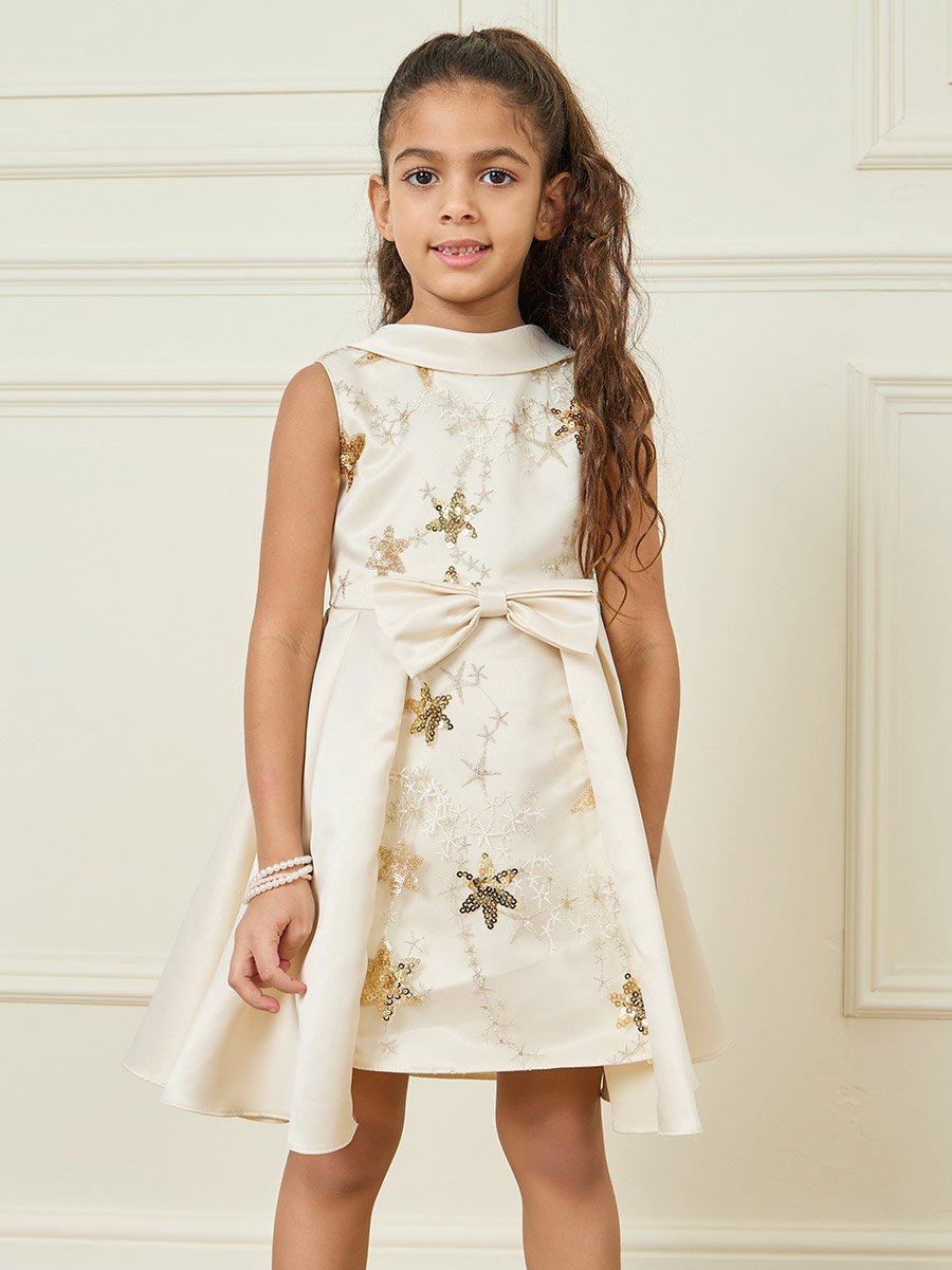 All Over Star Embellished Bow Front Layered Detail Dress