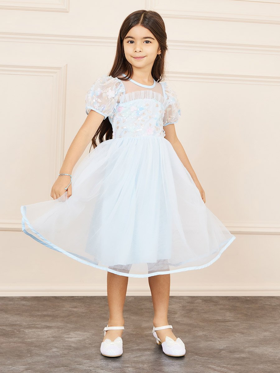 Floral Applique Sequin Detail Mesh Layer Puff Sleeves Dress