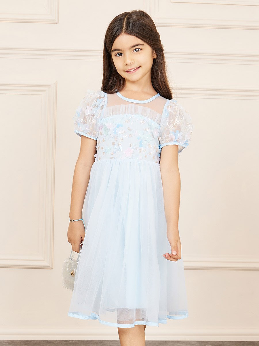 Floral Applique Sequin Detail Mesh Layer Puff Sleeves Dress