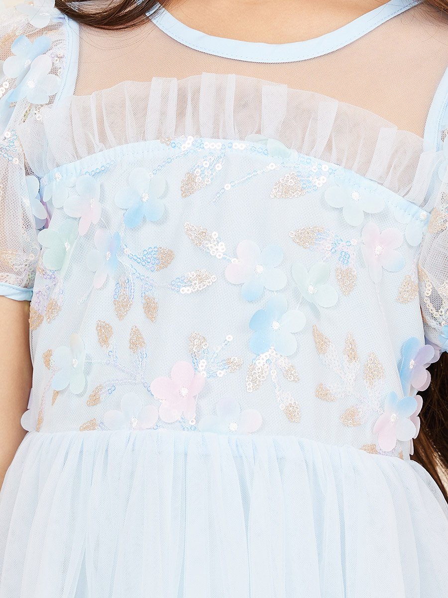 Floral Applique Sequin Detail Mesh Layer Puff Sleeves Dress
