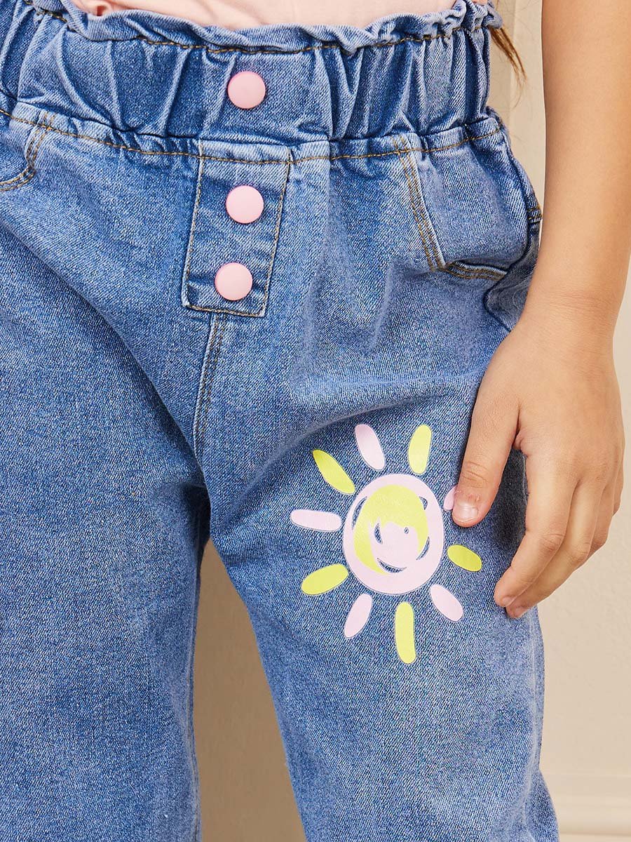 Graphic Print Paperbag Waist Button Front Jeans