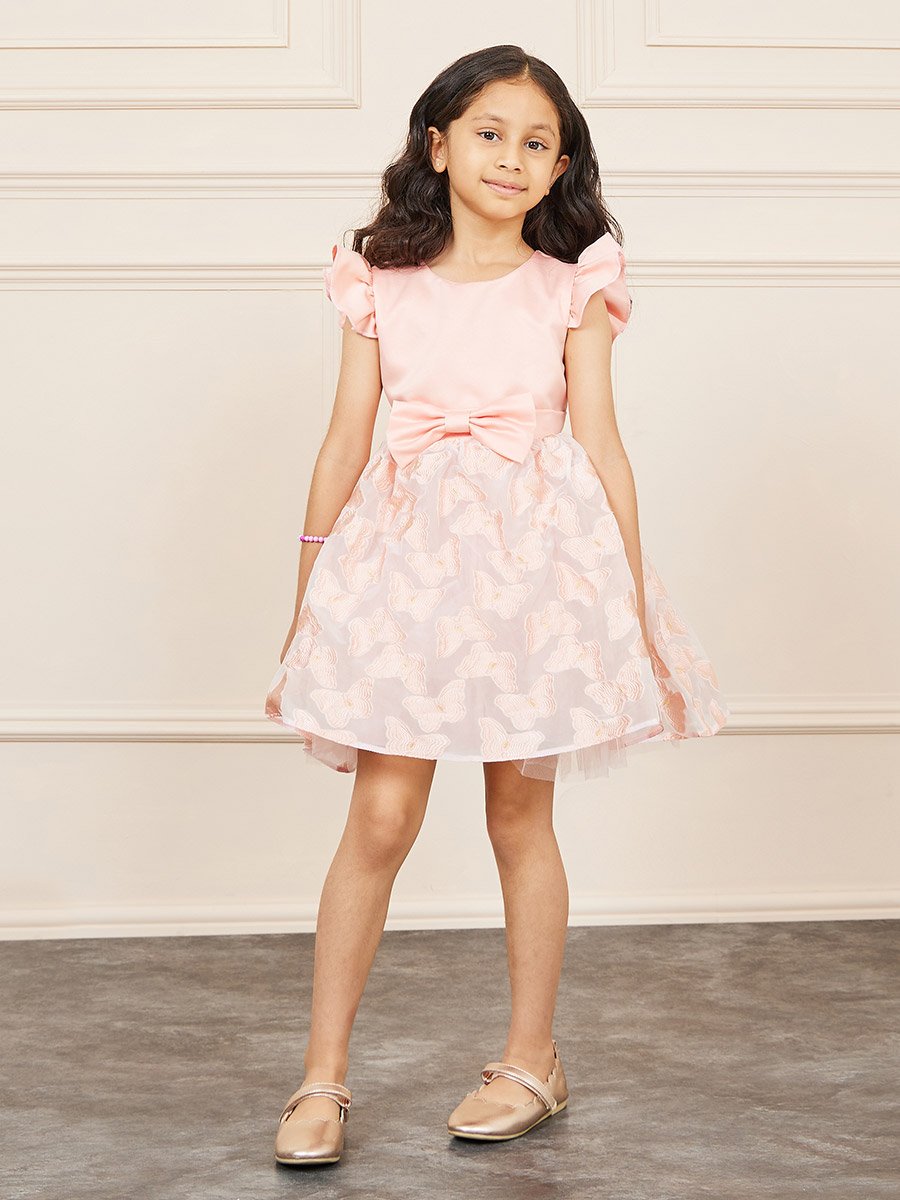 Butterfly Embroidery Bow Detail A-Line Dress with Tie Up