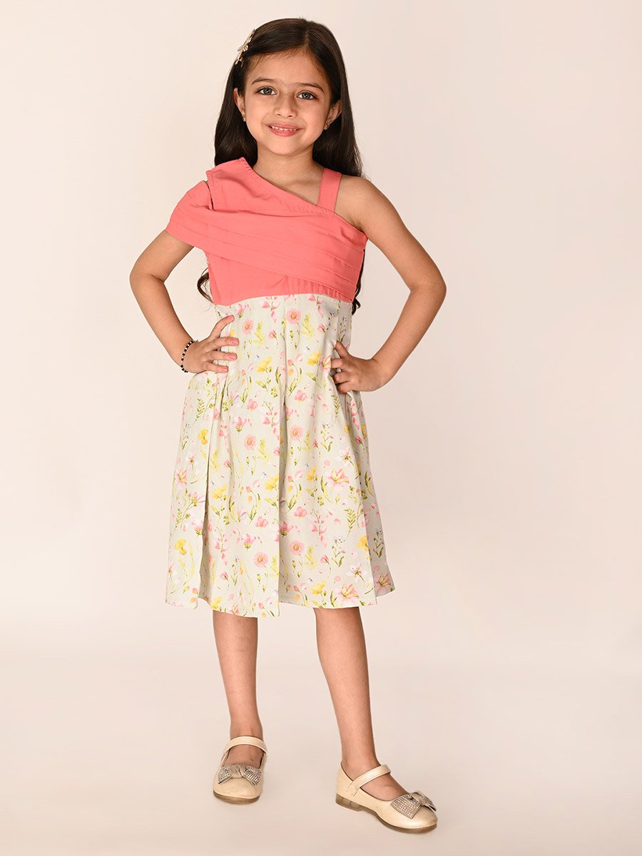 Pleated Floral Print One Shoulder Dress