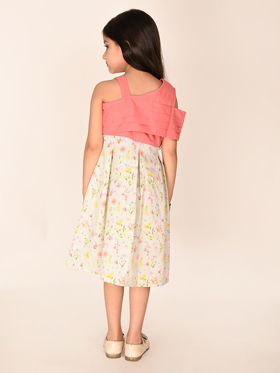 Pleated Floral Print One Shoulder Dress