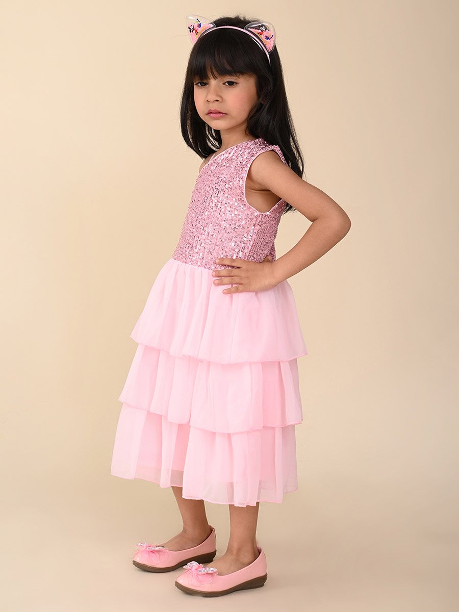 Sequin Detail One Shoulder Neck Mesh Layered Dress