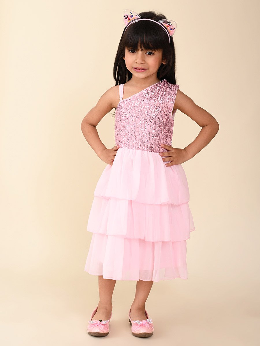Sequin Detail One Shoulder Neck Mesh Layered Dress