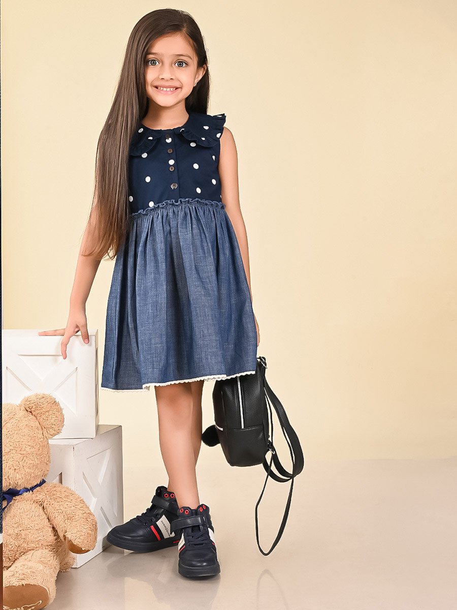 Polka Dot Print Peter Pan Collar Denim Dress For Kids at Saudi | Styli