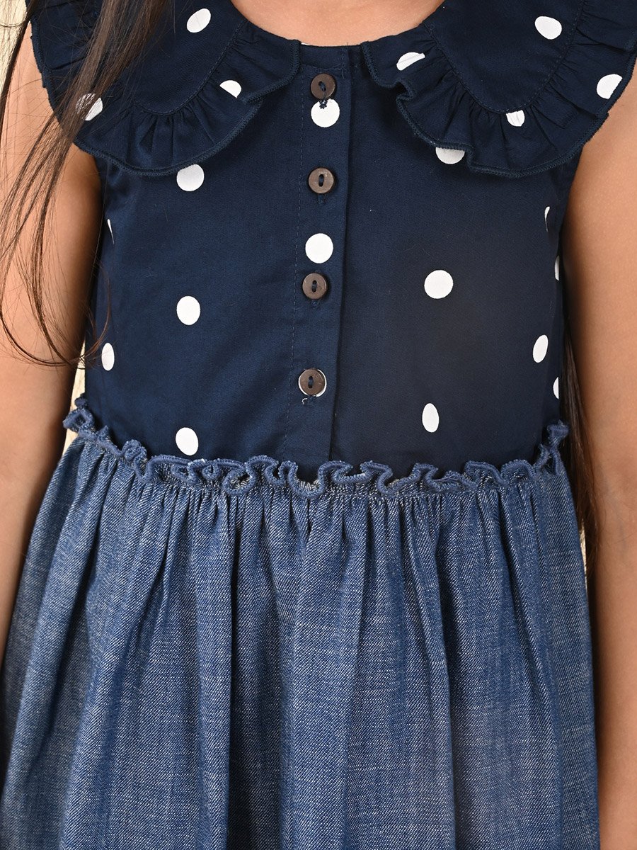 Polka Dot Print Peter Pan Collar Denim Dress For Kids at Saudi | Styli