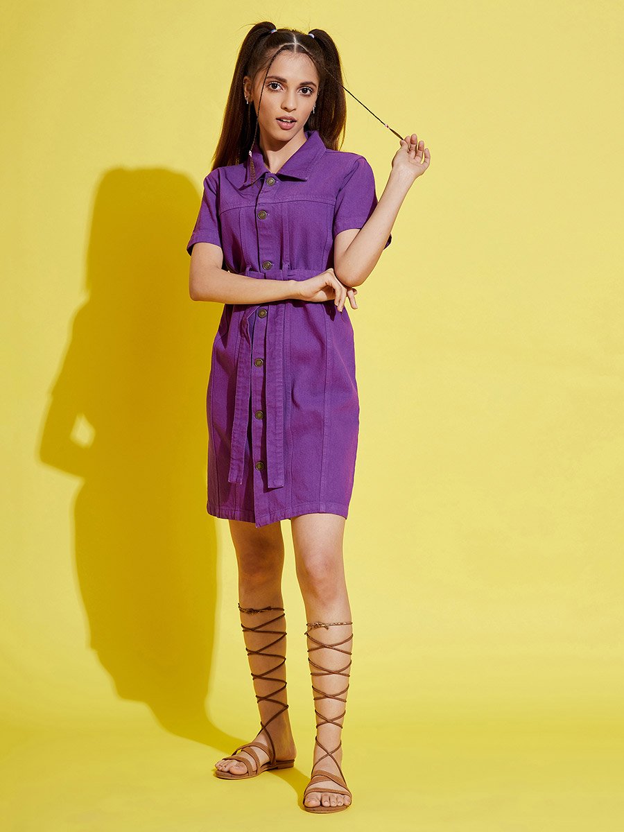Denim Collared Shirt Dress with Tie Up Belt