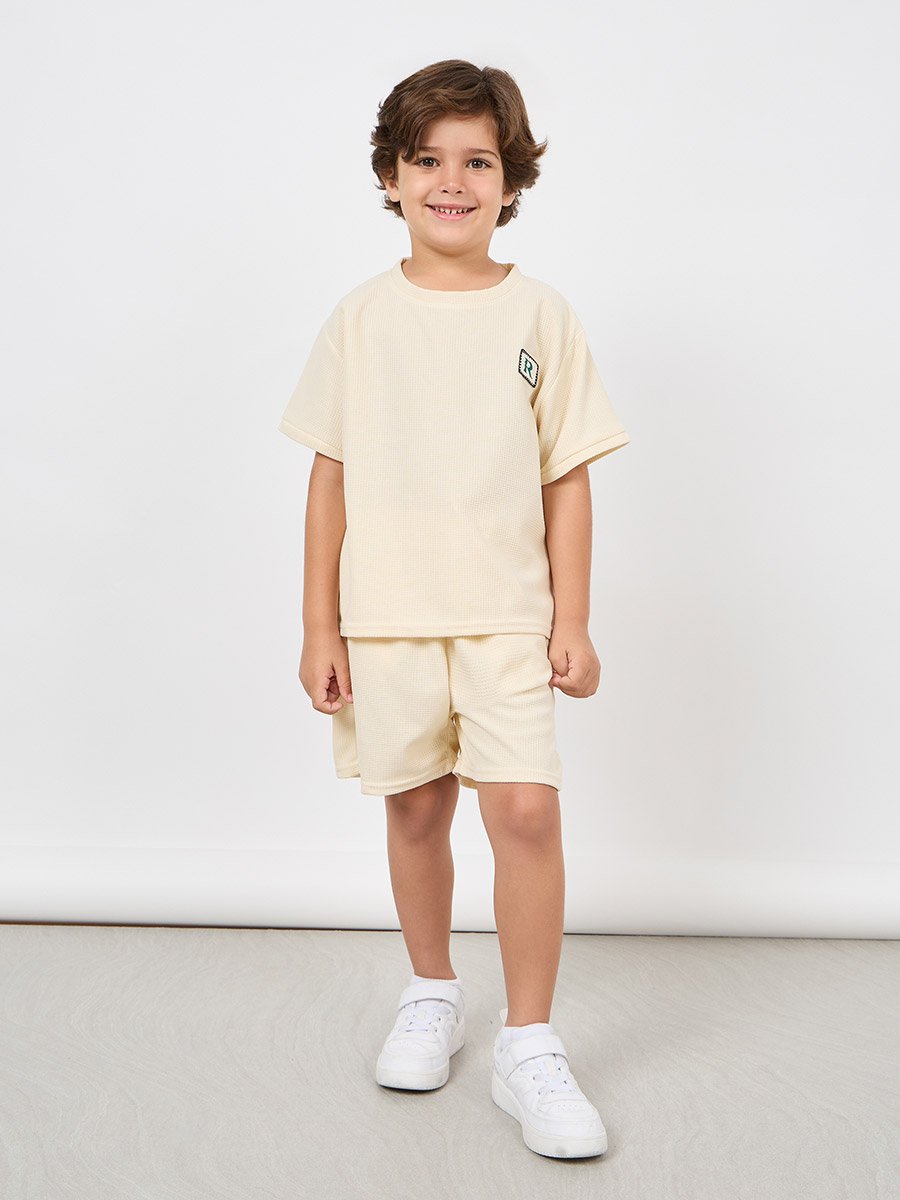 Patch Detail Waffle Loose T-Shirt and Short Set