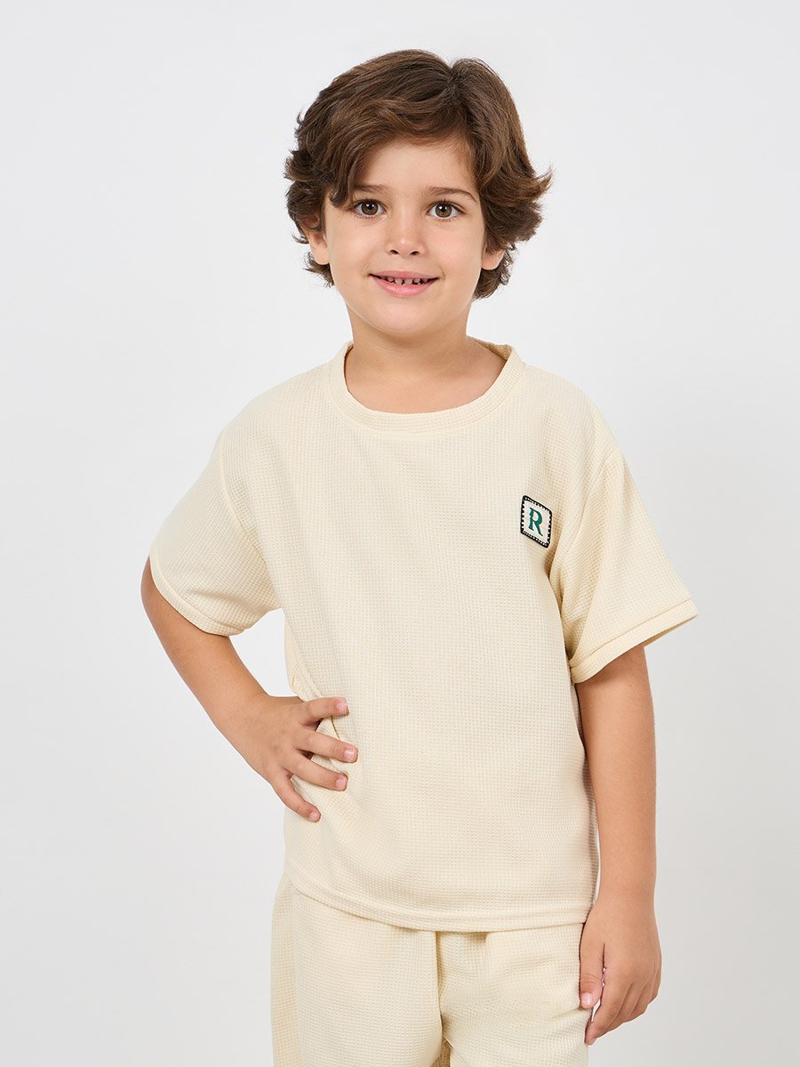 Patch Detail Waffle Loose T-Shirt and Short Set