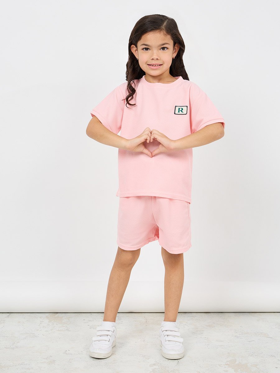 Patch Detail Waffle Loose T-Shirt and Short Set