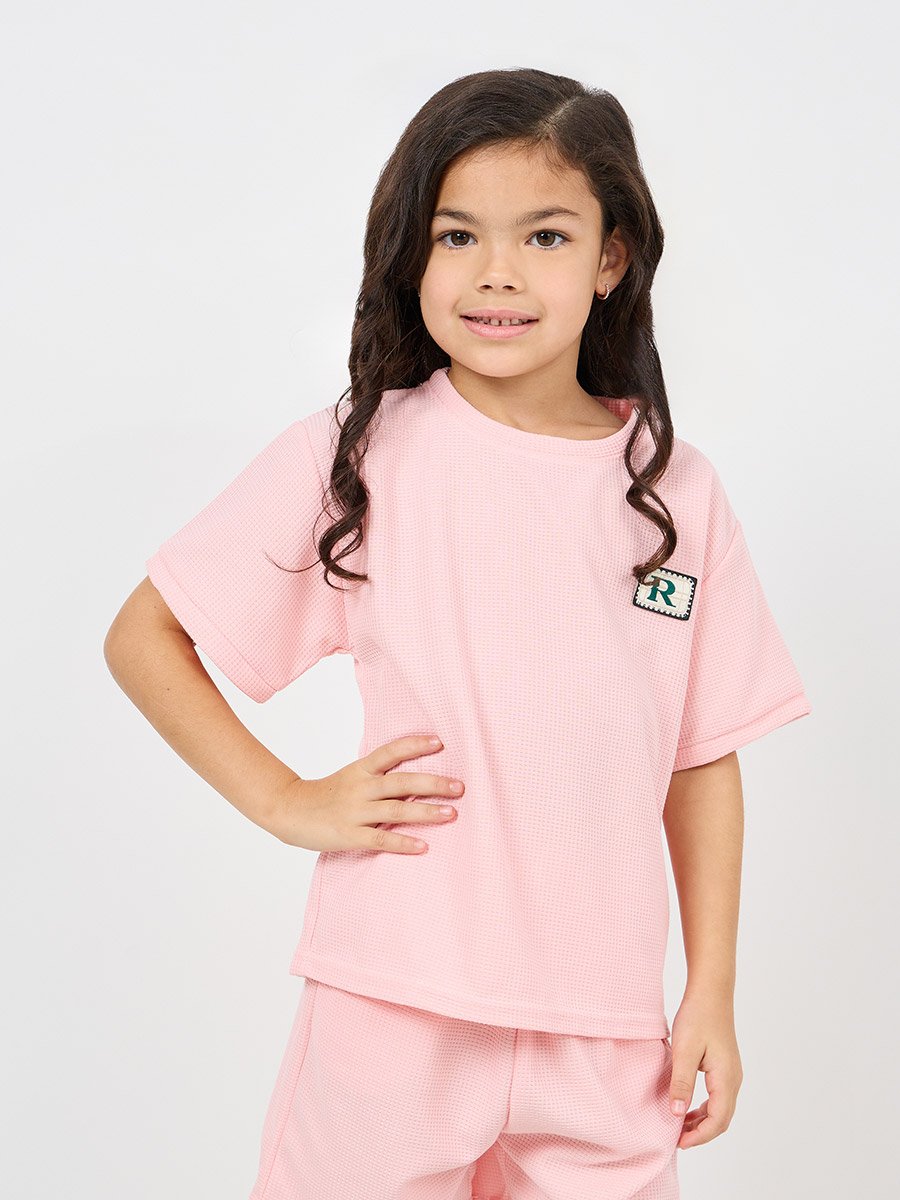 Patch Detail Waffle Loose T-Shirt and Short Set
