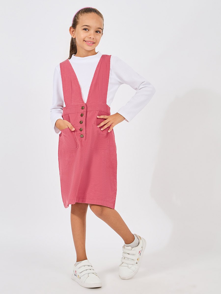 Solid Long Sleeve T-Shirt with Pinafore Dress For Kids at Kuwait | Styli