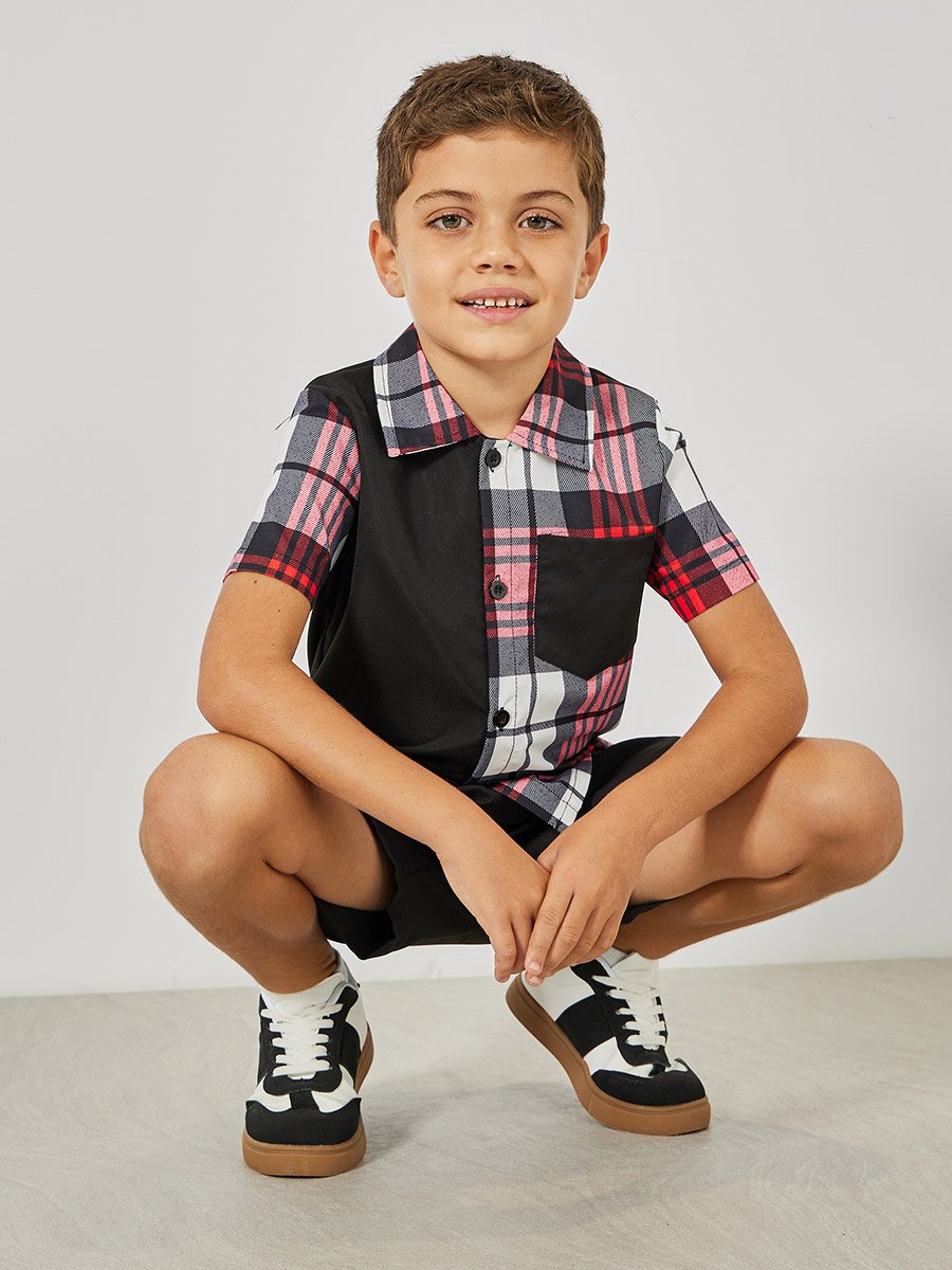 Color Block Checked Print Shirt and Shorts Set