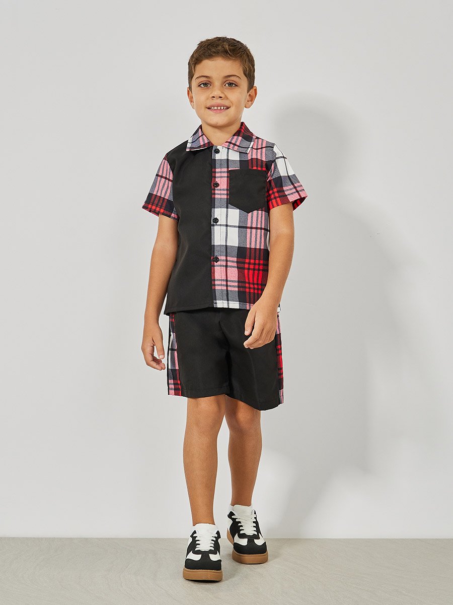 Color Block Checked Print Shirt and Shorts Set