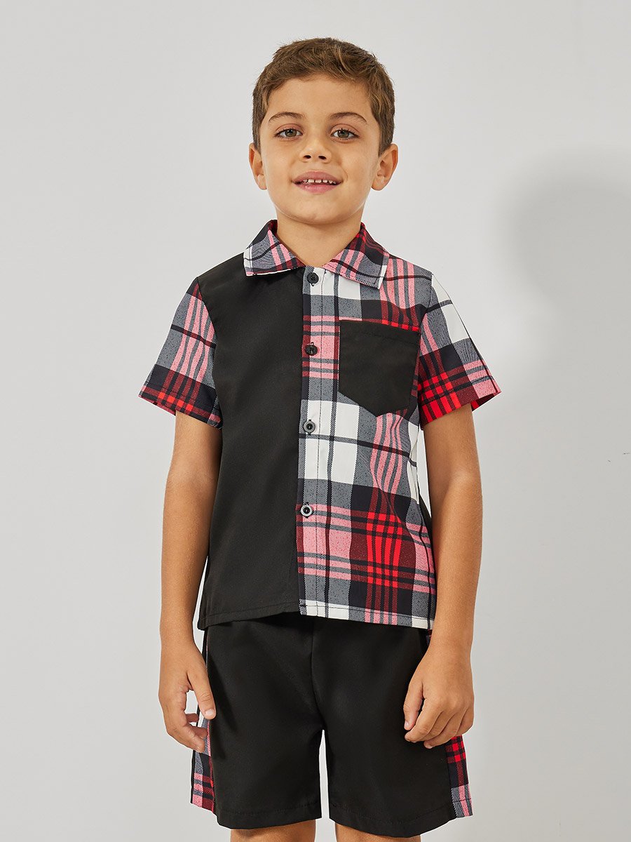 Color Block Checked Print Shirt and Shorts Set