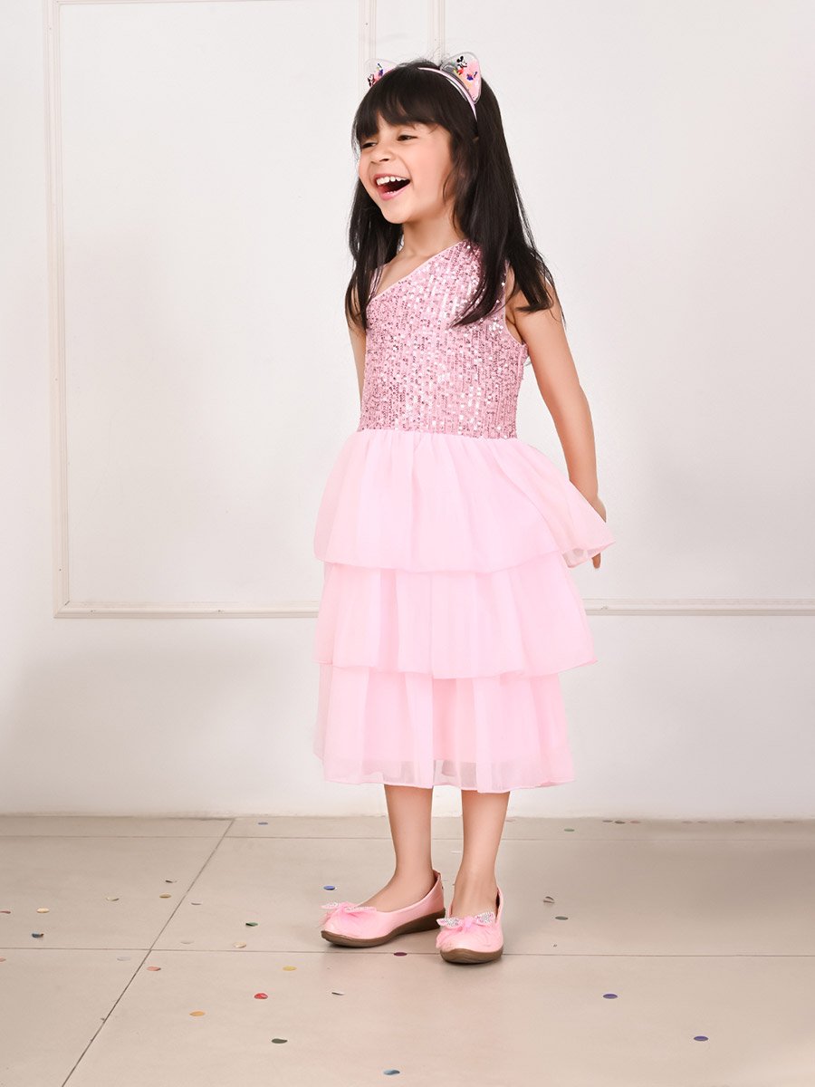Sequin Detail One Shoulder Neck Layered Dress