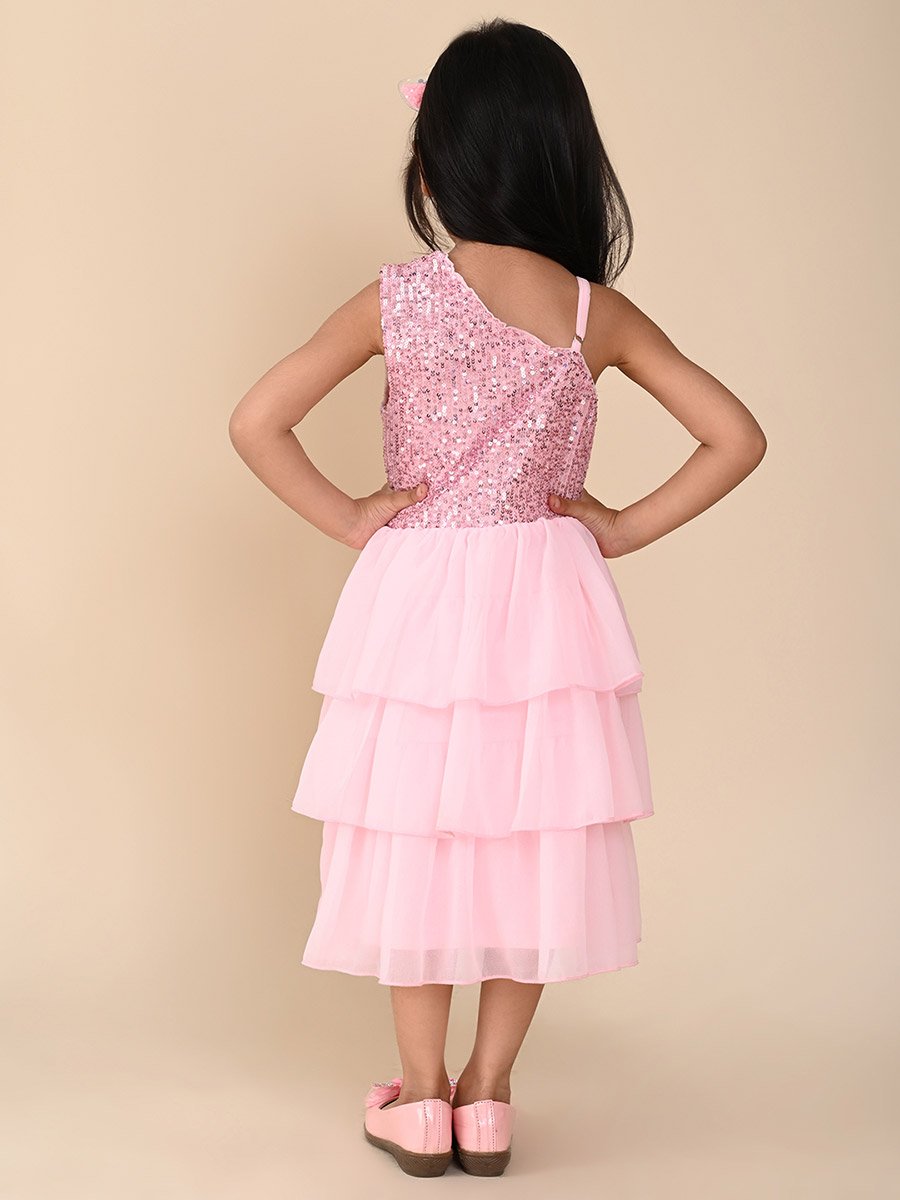 Sequin Detail One Shoulder Neck Layered Dress