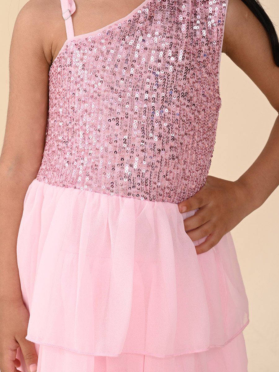 Sequin Detail One Shoulder Neck Layered Dress
