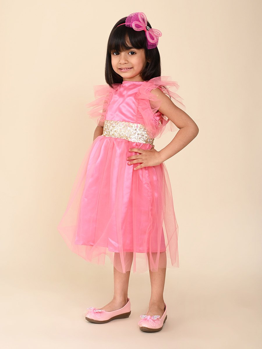 Sequined Flutter Sleeves A-Line Dress